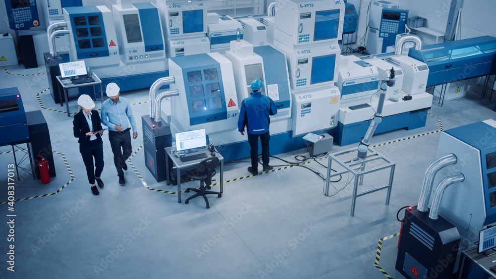 Industry Four Factory: Female Executive and Chief Engineer Inspect Facility Workshop, Look at robot 