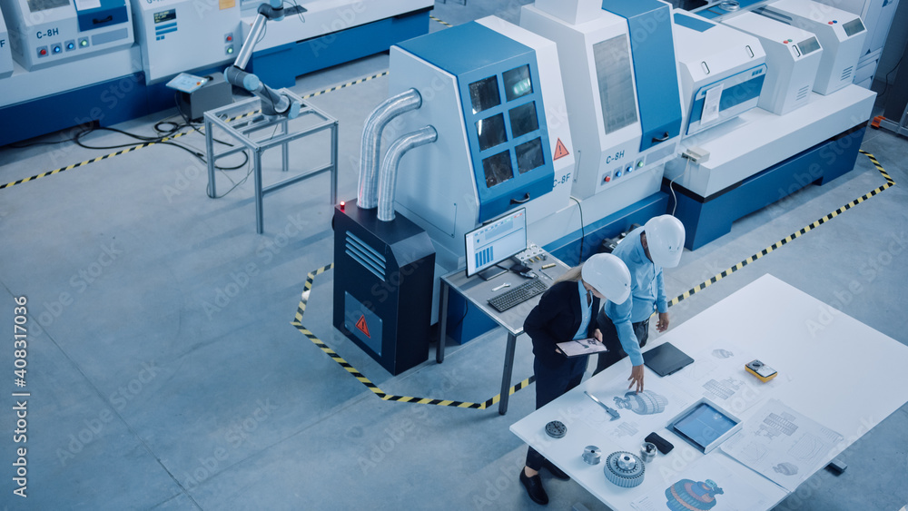 Industry Four Factory: Female Executive and Chief Engineer Inspect Facility Workshop, Look at robot 