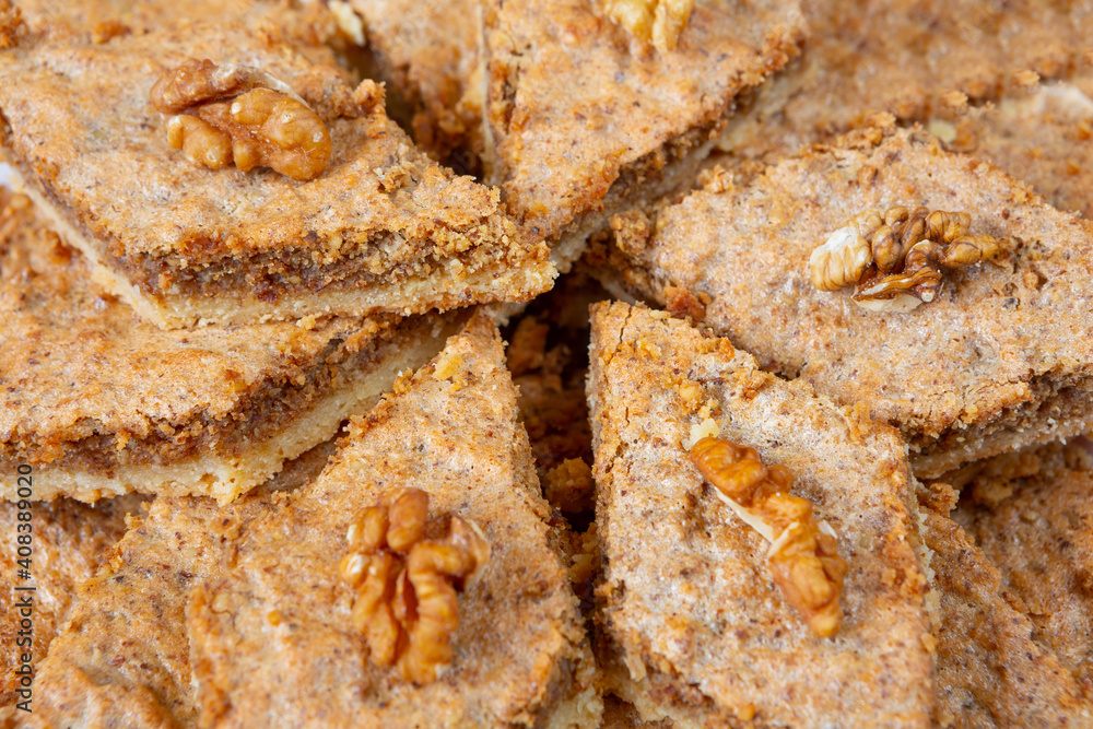 Nut pie on glass plate. close-up