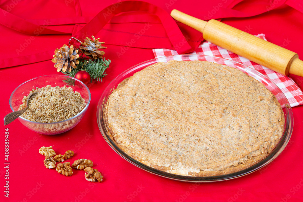 Nut pie on glass plate