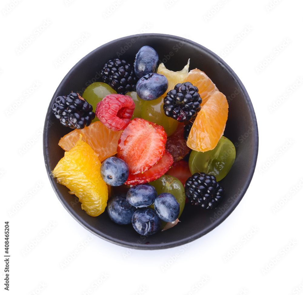 Bowl with fruit salad on white background