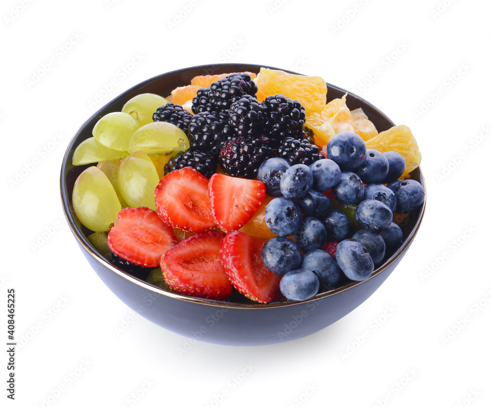 Bowl with fruit salad on white background