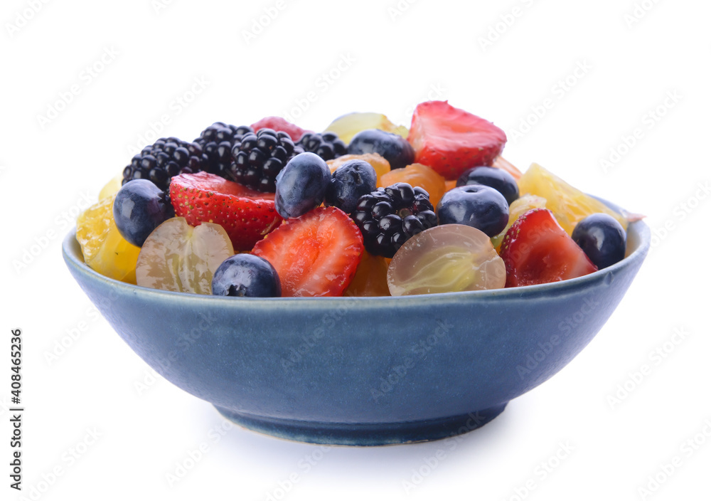 Bowl with fruit salad on white background