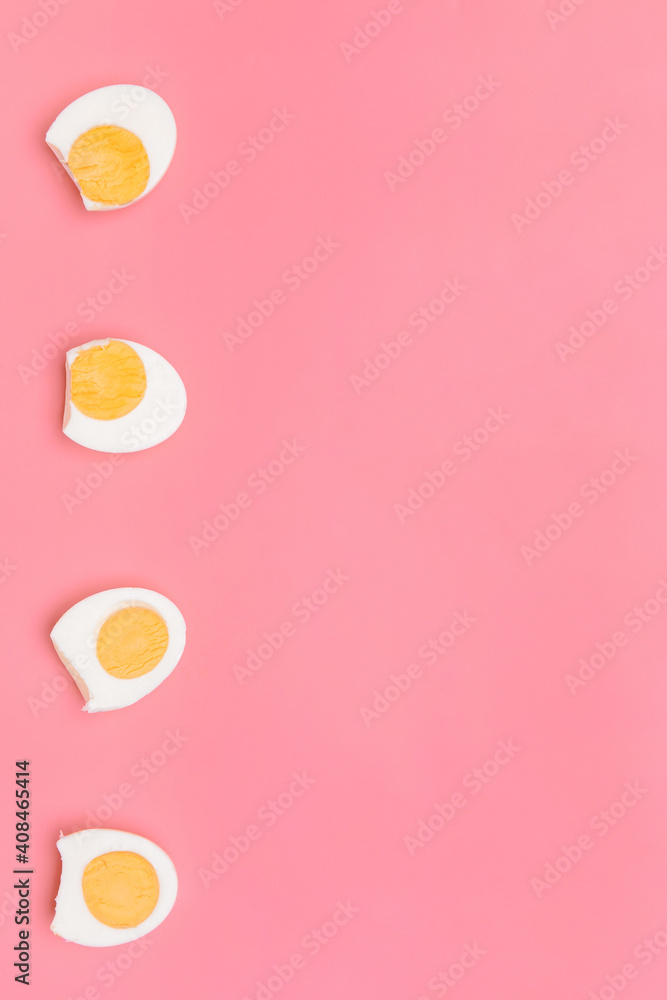 Tasty boiled eggs on color background