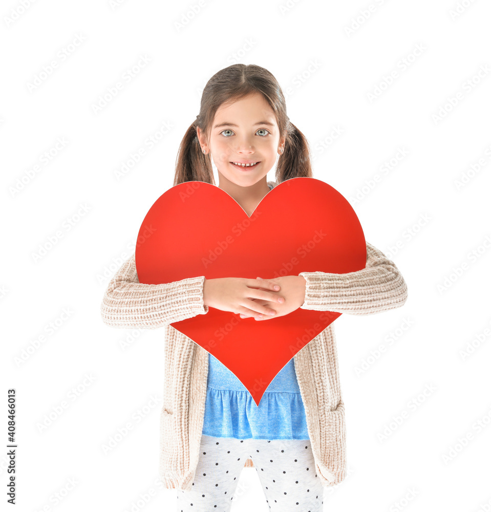 Cute little girl with red heart on white background