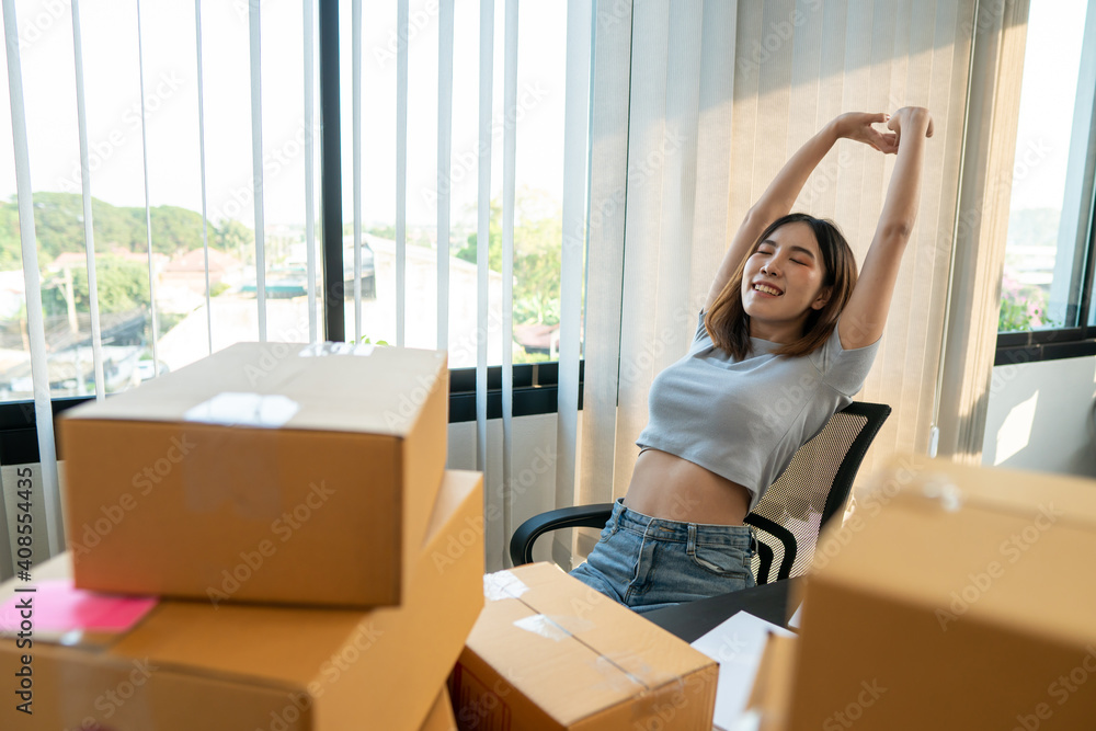 Successful Woman Entrepreneur With Parcel Boxes In Her Own Job Shopping Online Business At Home