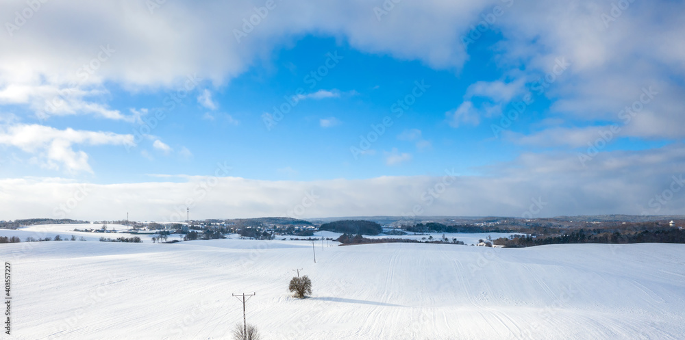 波兰冬季雪域的空中景观。