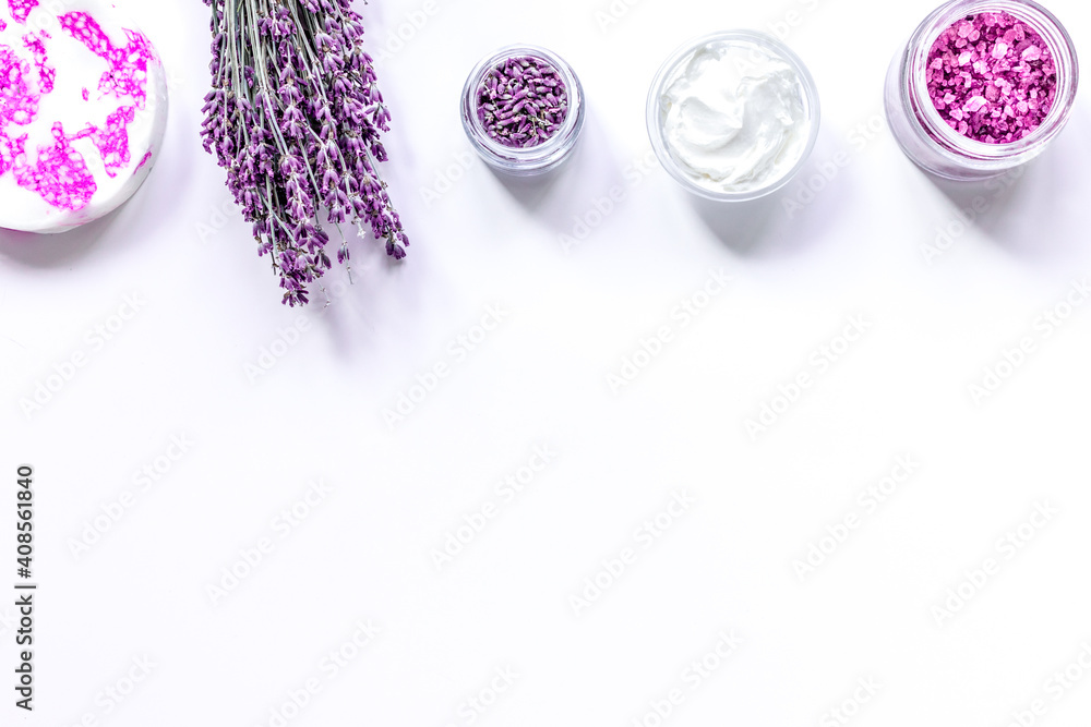 lavender herbs in body care cosmetics top view space for text