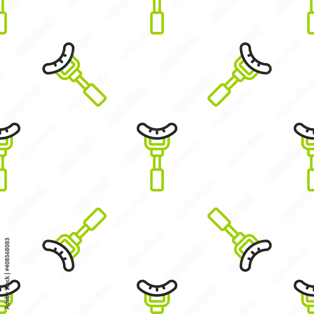 Line Sausage on the fork icon isolated seamless pattern on white background. Grilled sausage and aro