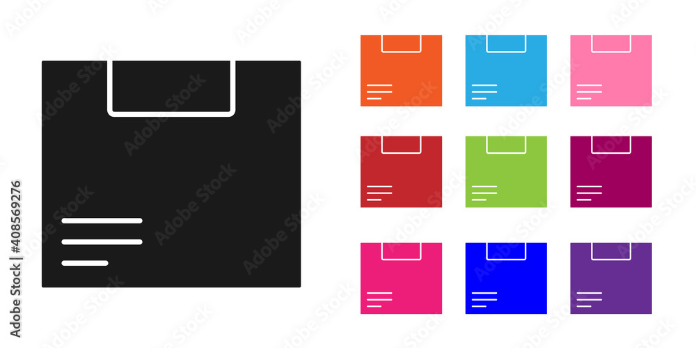 Black Carton cardboard box icon isolated on white background. Box, package, parcel sign. Delivery an