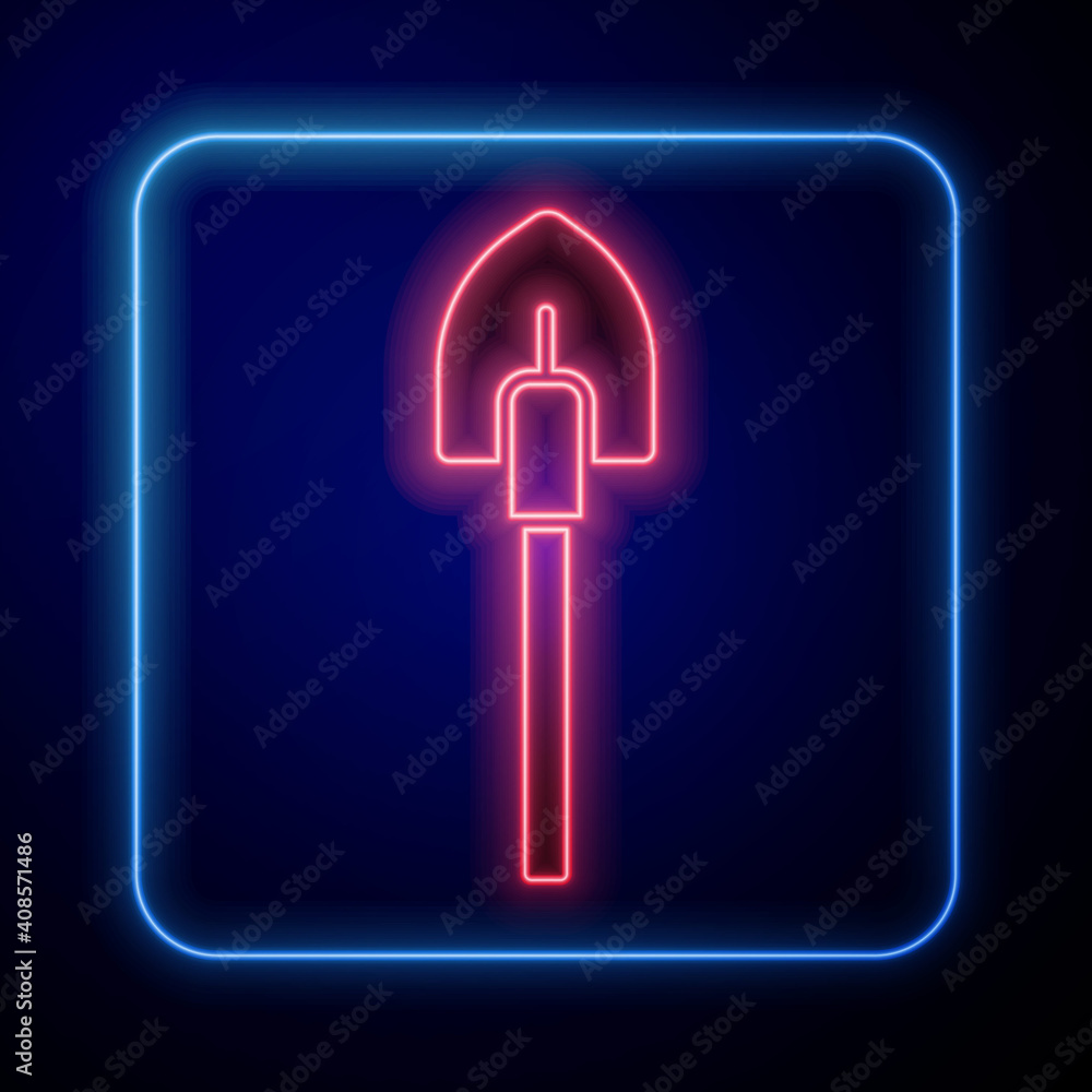 Glowing neon Shovel icon isolated on blue background. Gardening tool. Tool for horticulture, agricul