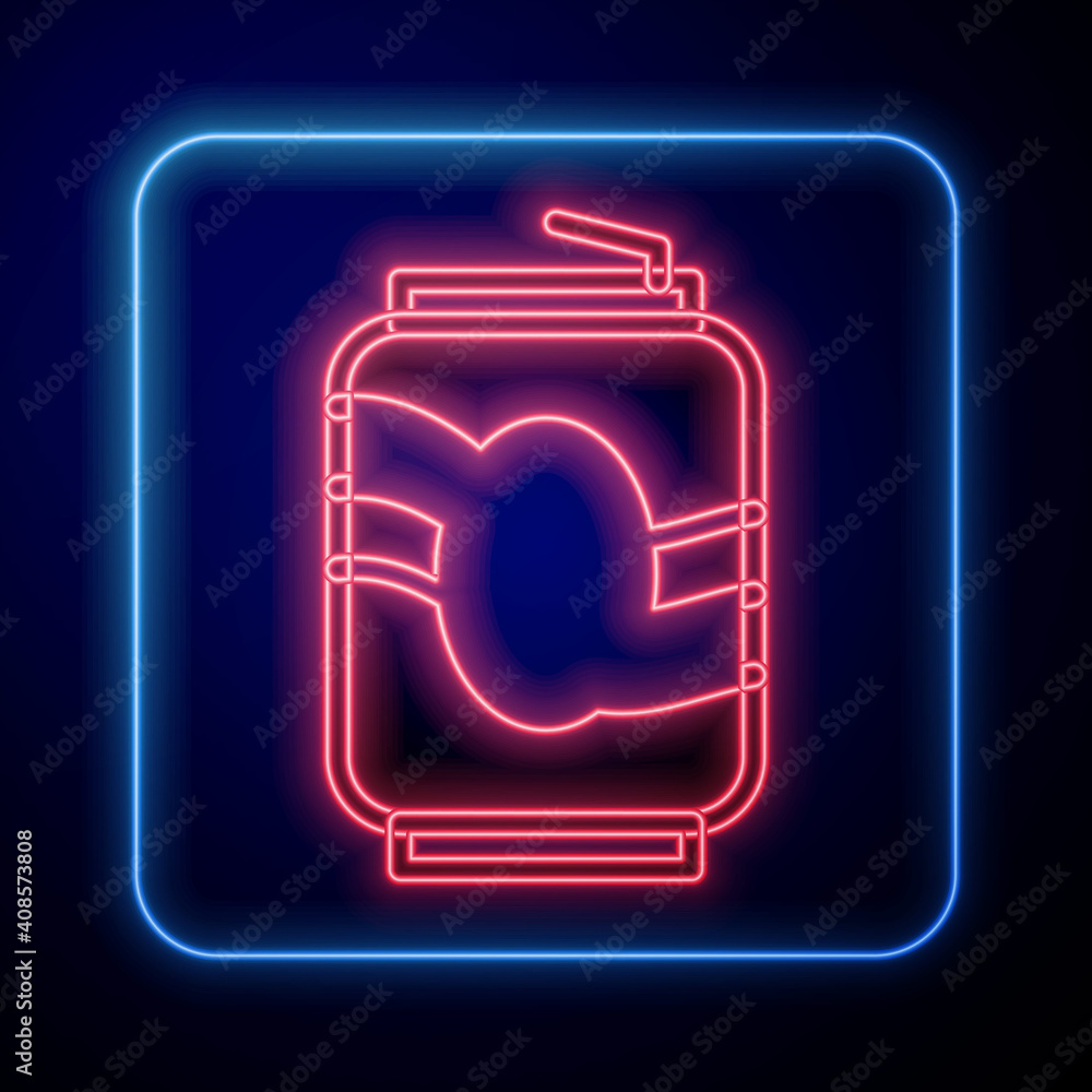 Glowing neon Soda can icon isolated on blue background. Vector.