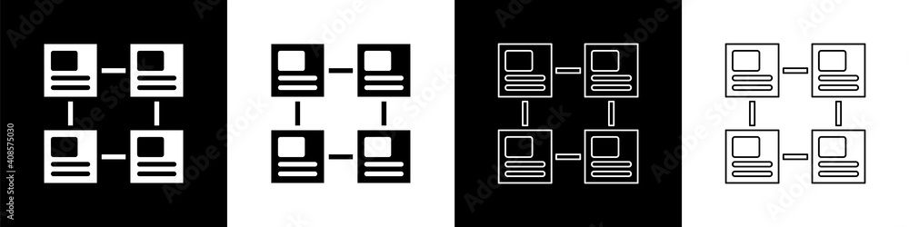 设置黑白背景上隔离的业务层次结构有机图信息图图标。Co