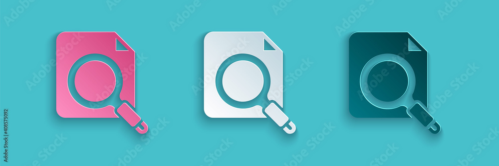 Paper cut Search concept with folder icon isolated on blue background. Magnifying glass and document