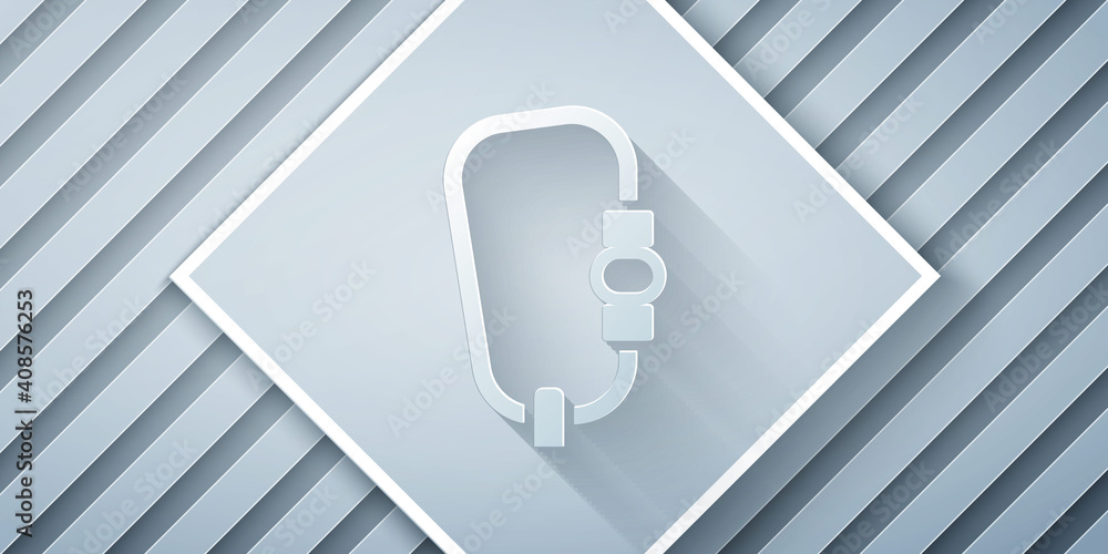 Paper cut Carabiner icon isolated on grey background. Extreme sport. Sport equipment. Paper art styl