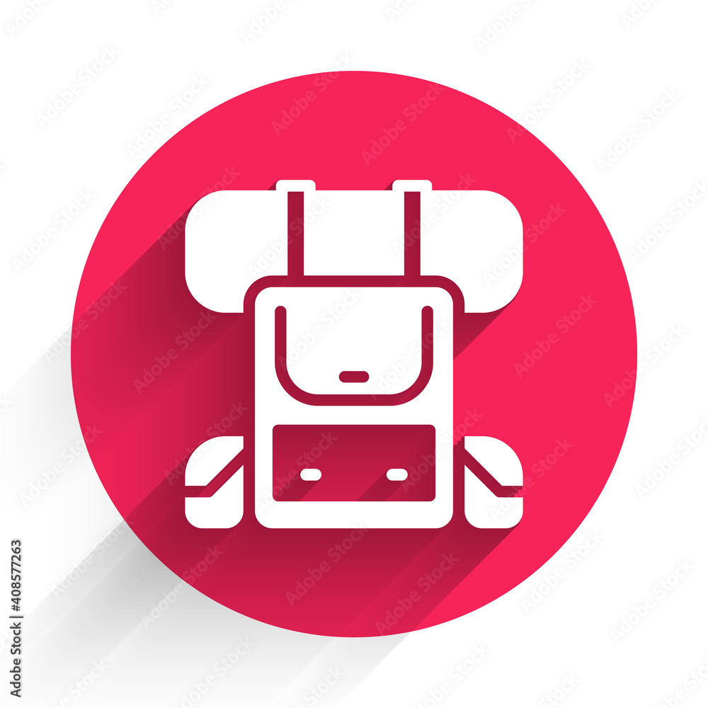 White Hiking backpack icon isolated with long shadow. Camping and mountain exploring backpack. Red c