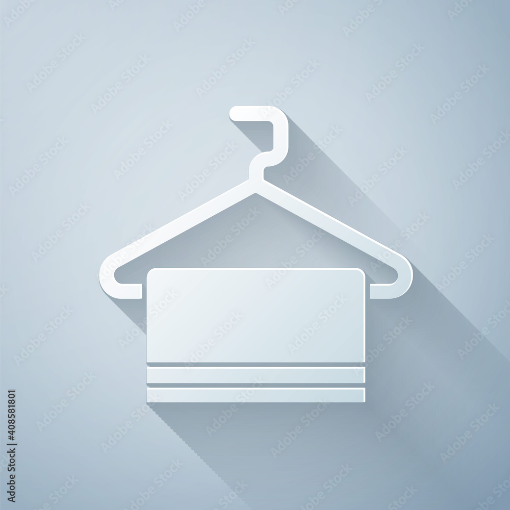 Paper cut Towel on hanger icon isolated on grey background. Bathroom towel icon. Paper art style. Ve