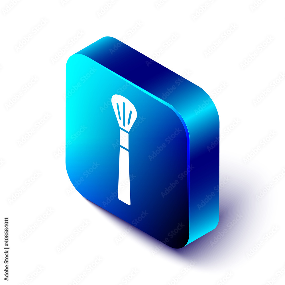 Isometric Makeup brush icon isolated on white background. Blue square button. Vector.