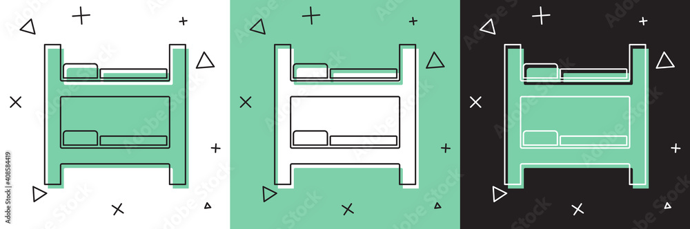 将酒店房间的床图标隔离在白色和绿色黑色背景上。矢量。