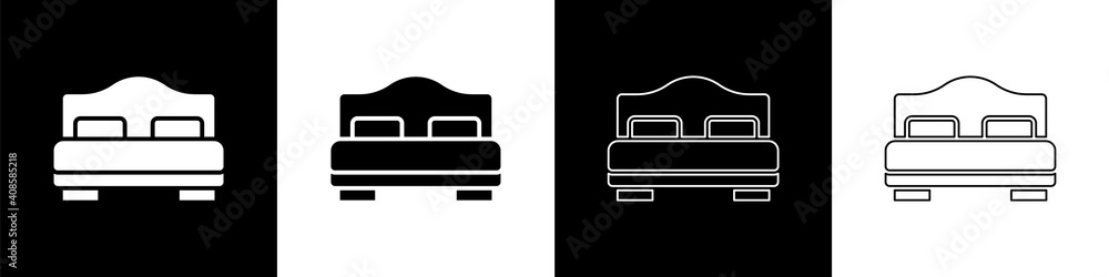 Set Hotel room bed icon isolated on black and white background. Vector.