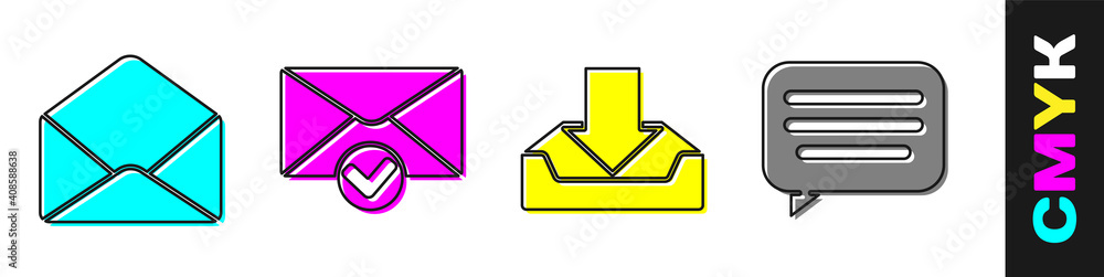 设置信封、信封和复选标记、下载收件箱和语音气泡聊天图标。矢量。