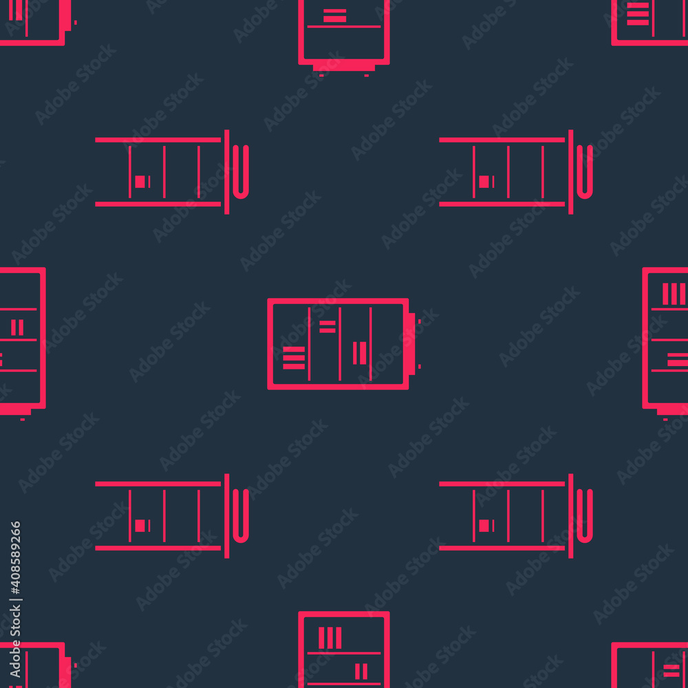 Set Bathroom rack with shelves for towels and Library bookshelf on seamless pattern. Vector.