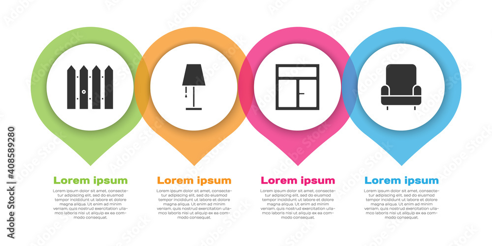 Set Garden fence wooden, Table lamp, Window in the room and Armchair. Business infographic template.