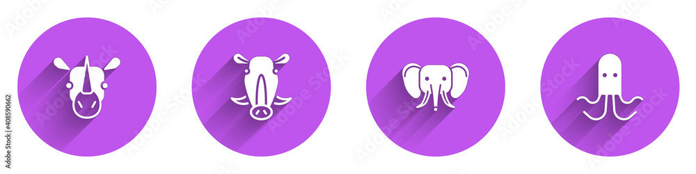 Set Rhinoceros, Wild boar head, Elephant and Octopus icon with long shadow. Vector.