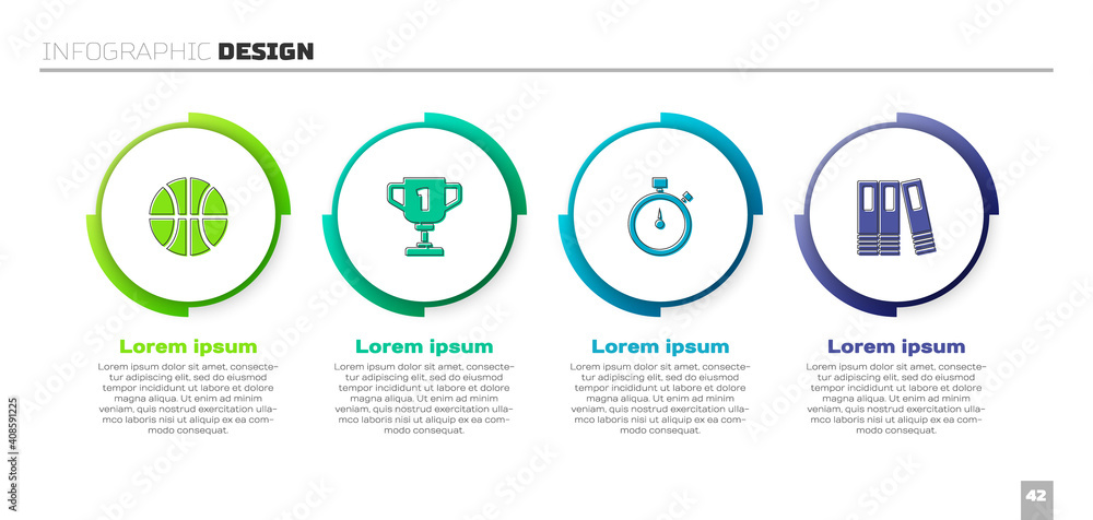 设置篮球、奖杯、秒表和办公文件夹。商业信息图模板。矢量。