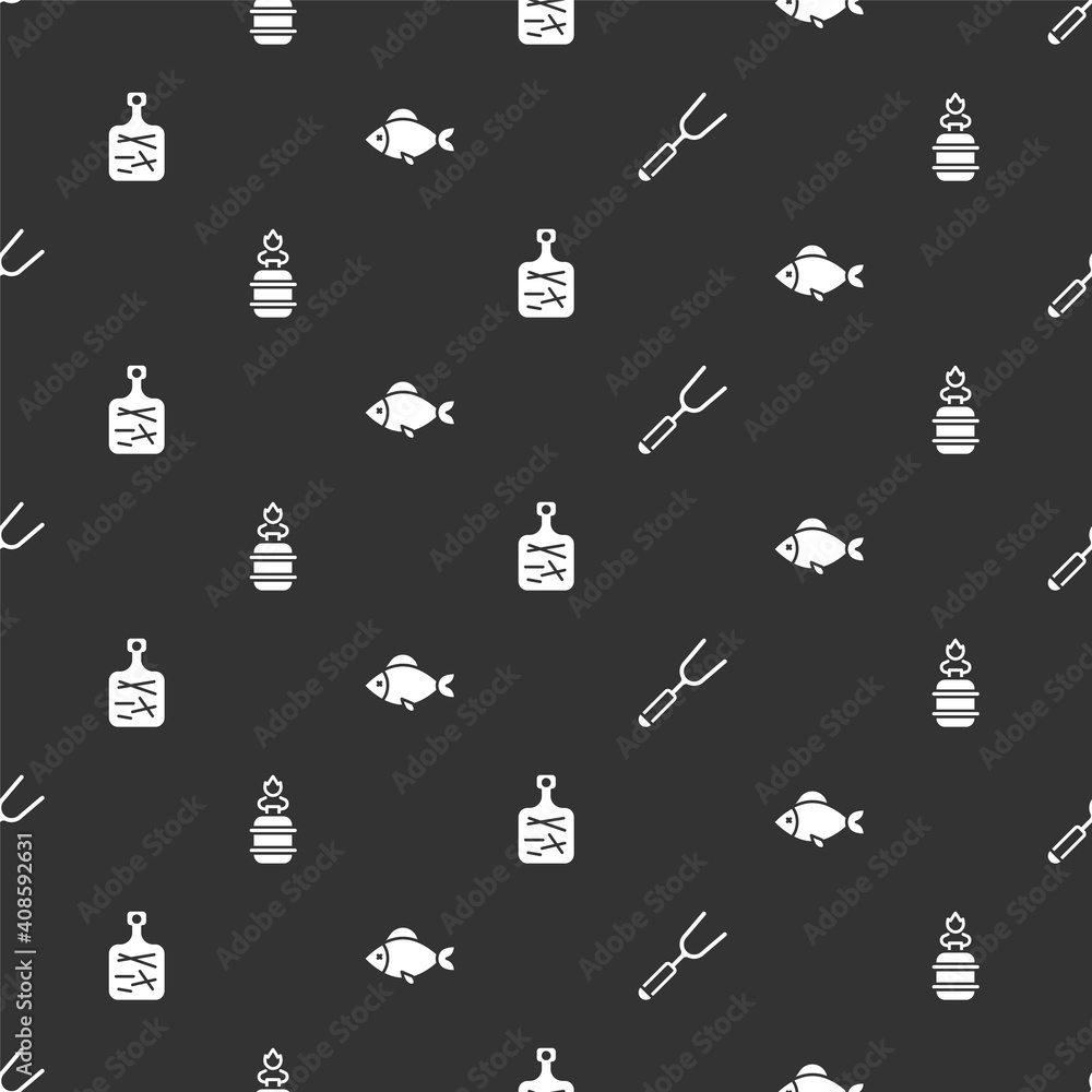 Set Barbecue fork, Camping gas stove, Cutting board and Fish on seamless pattern. Vector.