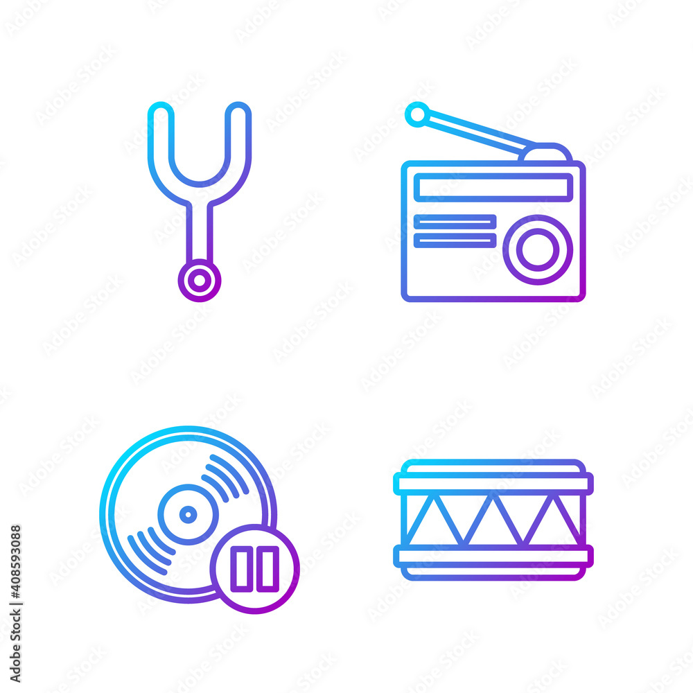 Set line Drum, Vinyl disk, Musical tuning fork and Radio with antenna. Gradient color icons. Vector.