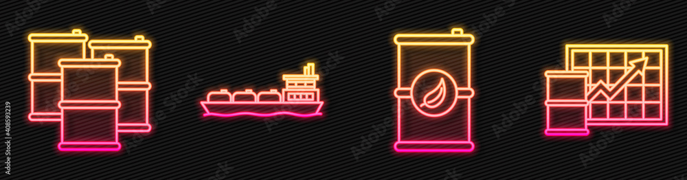 Set line Bio fuel barrel, Barrel oil, Oil tanker ship and Oil price increase. Glowing neon icon. Vec