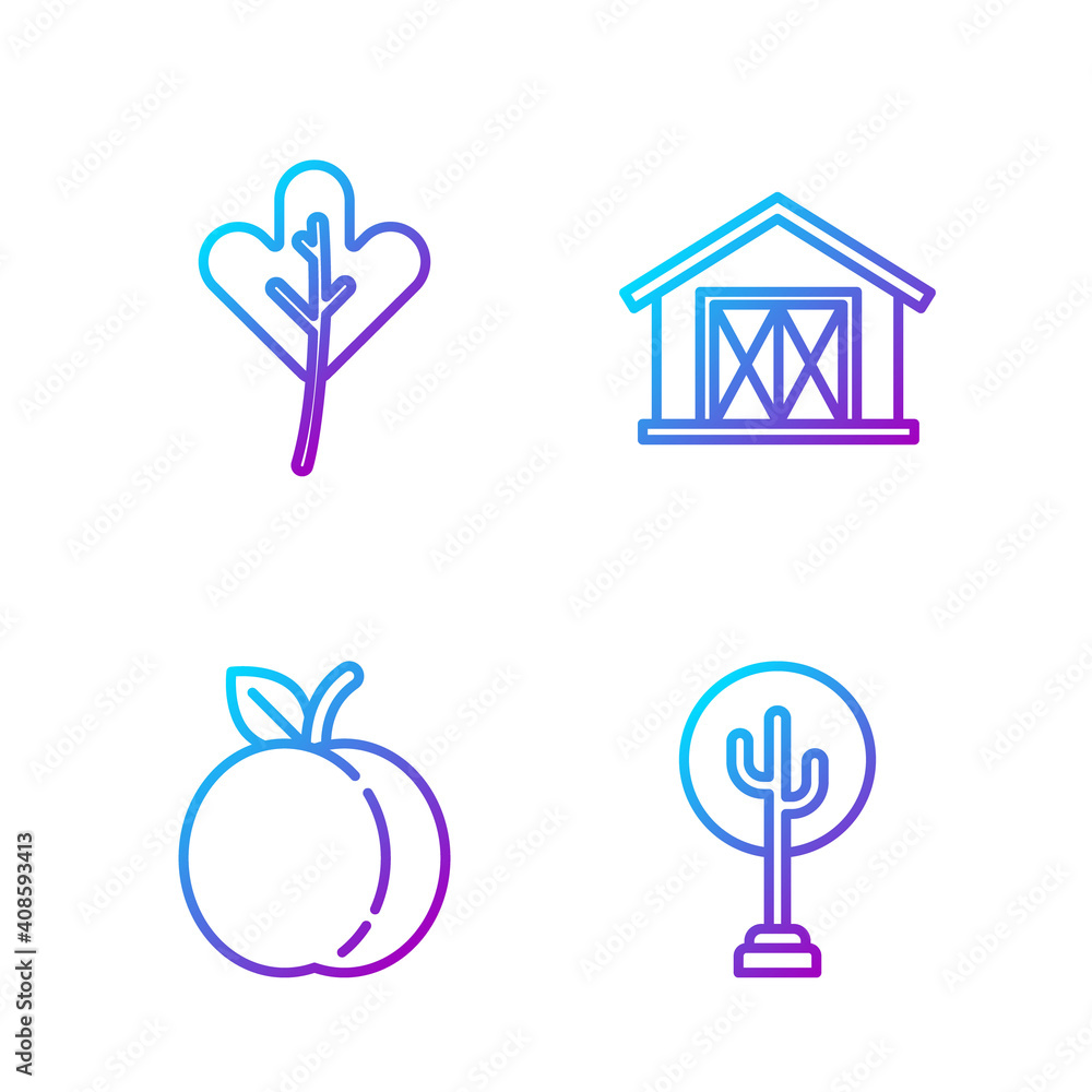 Set line Tree, Peach fruit, Leaf or leaves and Farm house. Gradient color icons. Vector.