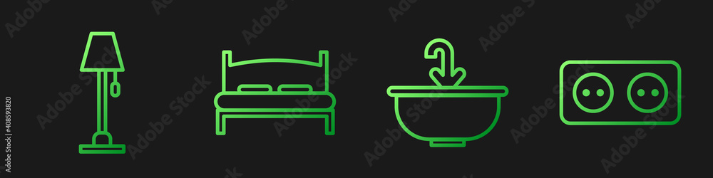 Set line Washbasin with water tap, Floor lamp, Big bed and Electrical outlet. Gradient color icons. 