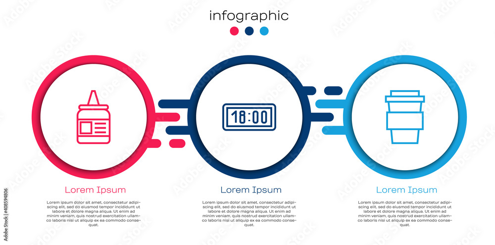 Set line Glue, Digital alarm clock and Coffee cup to go. Business infographic template. Vector.