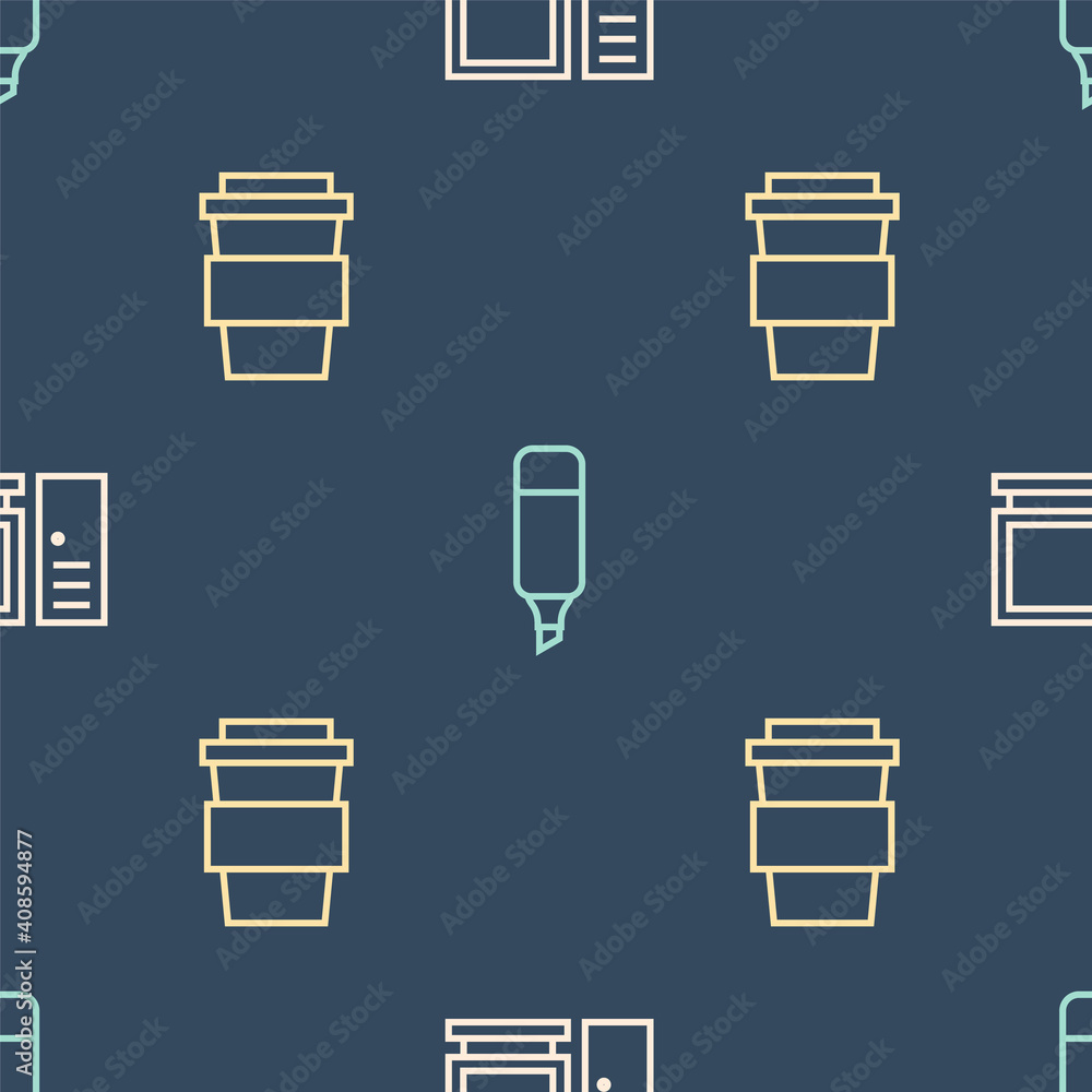 将电脑显示器、咖啡杯和记号笔设置在无缝图案上。矢量。