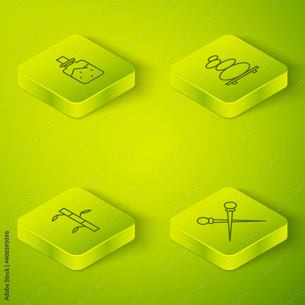 Set Isometric Stack hot stones, Bamboo stems with leaves, Knitting needles and Spa salt icon. Vector