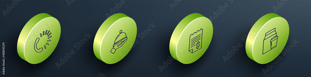 Set Isometric Food ordering, Covered with a tray of food, Paper financial check and Online and deliv