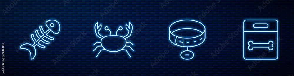 Set line Collar with name tag, Fish skeleton, Crab and Dog bone. Glowing neon icon on brick wall. Ve