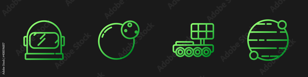 Set line Mars rover, Astronaut helmet, Planet and . Gradient color icons. Vector.