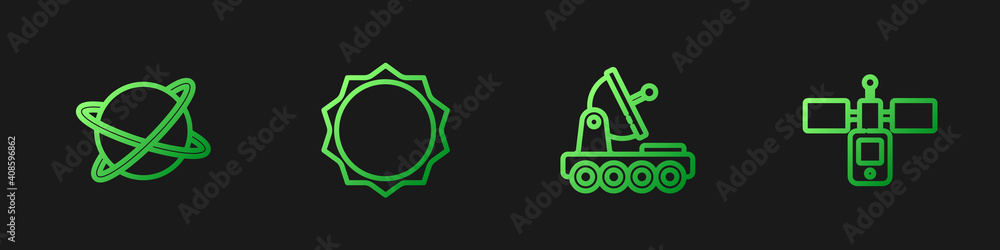 Set line Mars rover, Satellites orbiting the planet, Sun and . Gradient color icons. Vector.