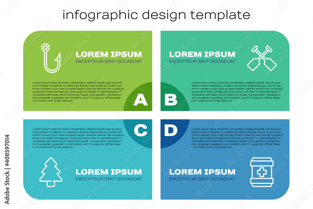 设置线森林，钓鱼钩，急救包和桨。商业信息图表模板。矢量。
