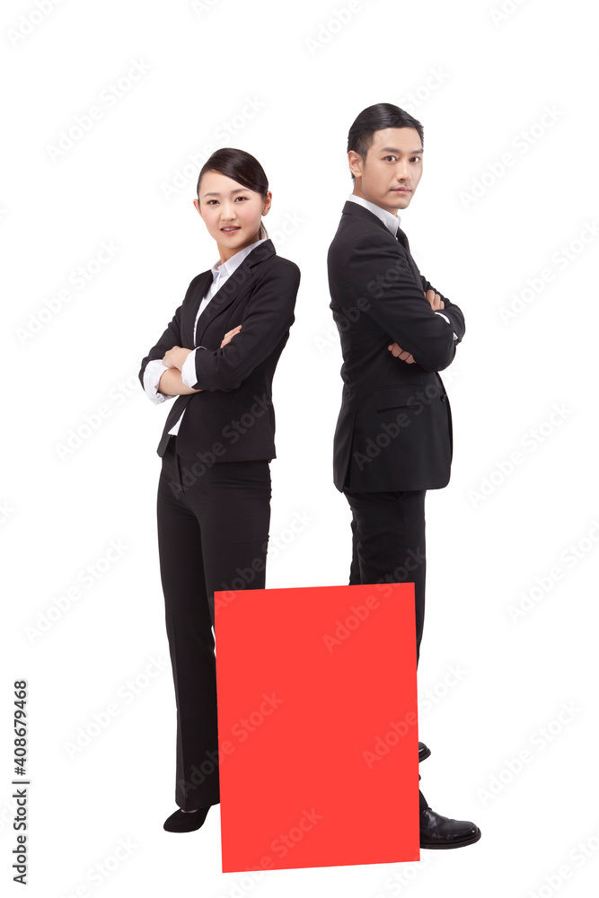 Business people with red cardboard