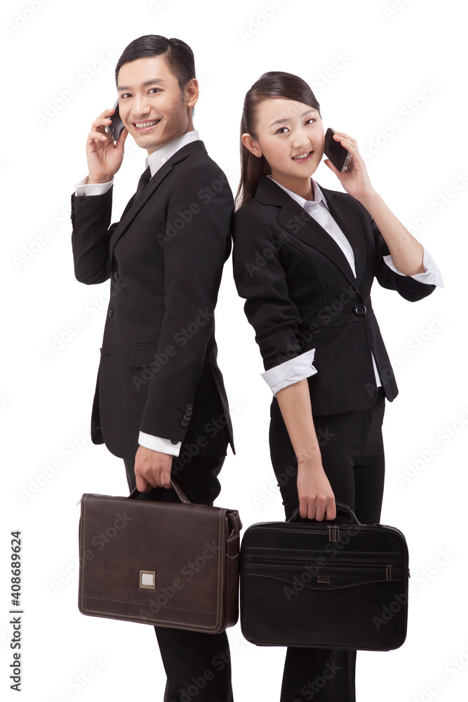 Business people with a briefcase call