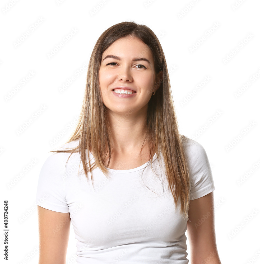 Portrait of beautiful young woman on white background