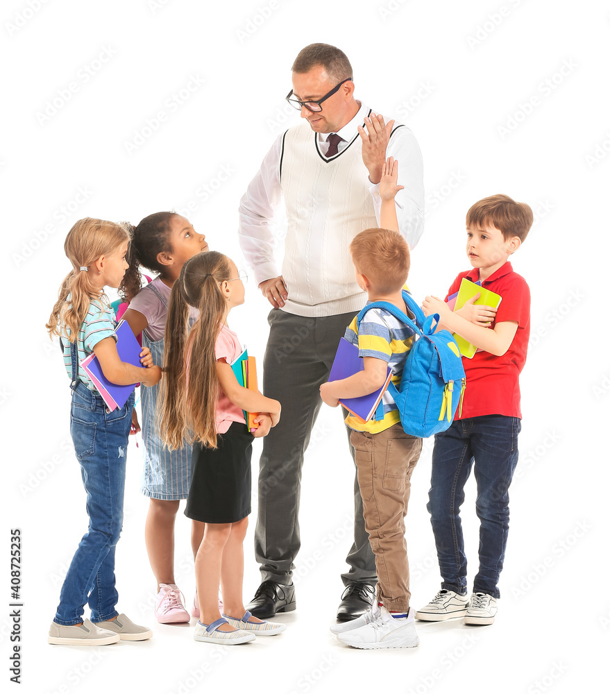 Little children with teacher on white background