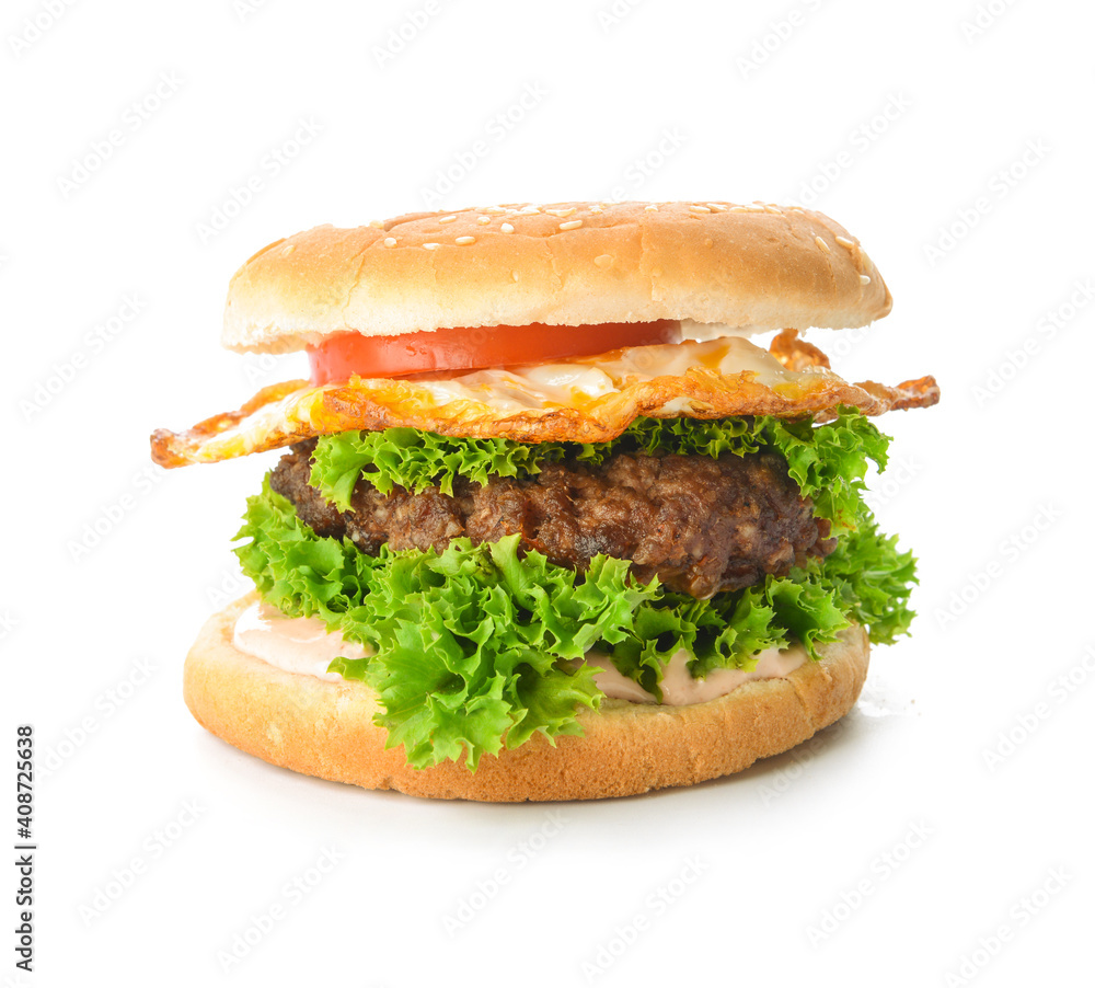 Tasty fresh burger on white background