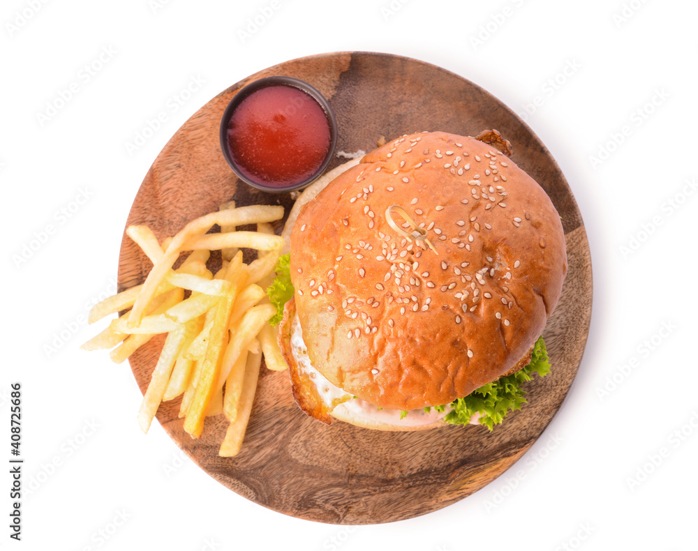 Tray with tasty burger, sauce and french fries on white background