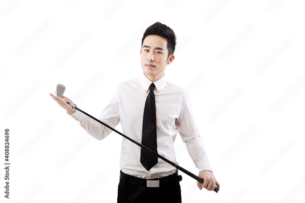 Business people holding a golf club