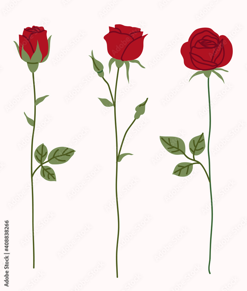 Set of decorative red rose silhouette with green leaves. Vector illustration. Flower icon	